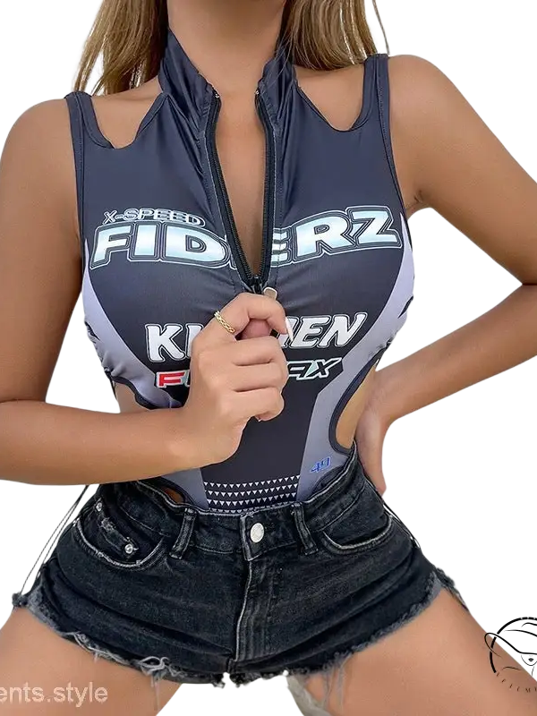 Sexy tight jumpsuit in dark gray and white with racerback, zip-front, cutouts, and backless summer design