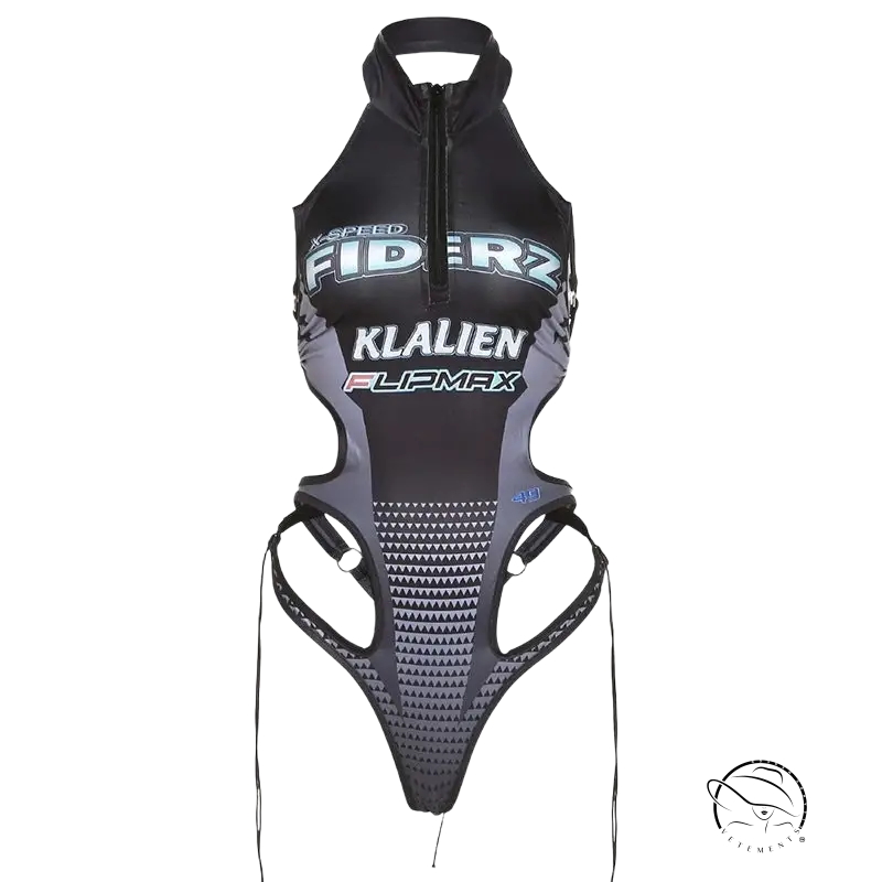 Sexy tight jumpsuit in black and gray with cutout sides and mesh panels