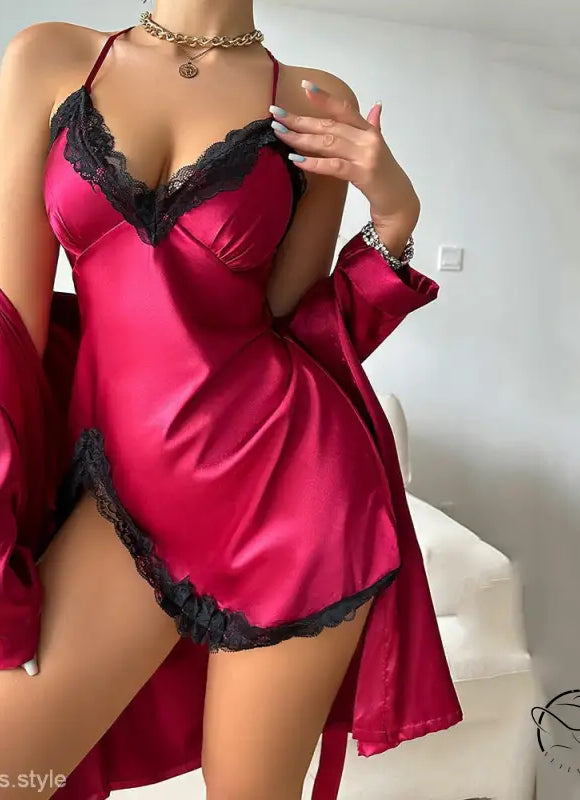 Vibrant fuchsia silk nightgown with black lace trim and matching robe from Sexy Vetements Pajamas collection