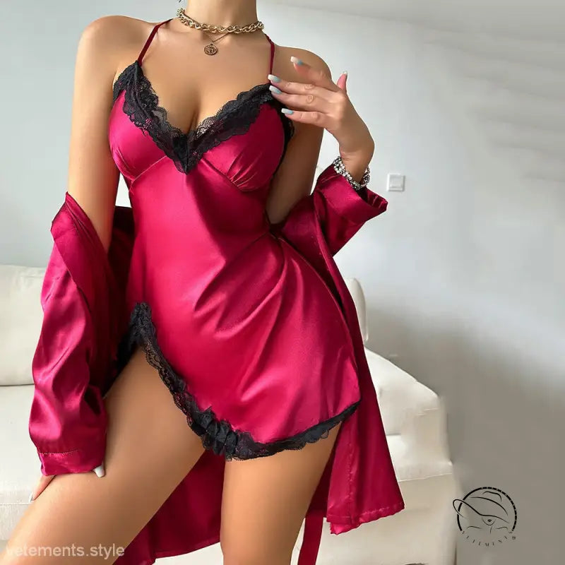 Sexy Vetements pajamas: vibrant fuchsia silk nightgown with black lace trim and robe