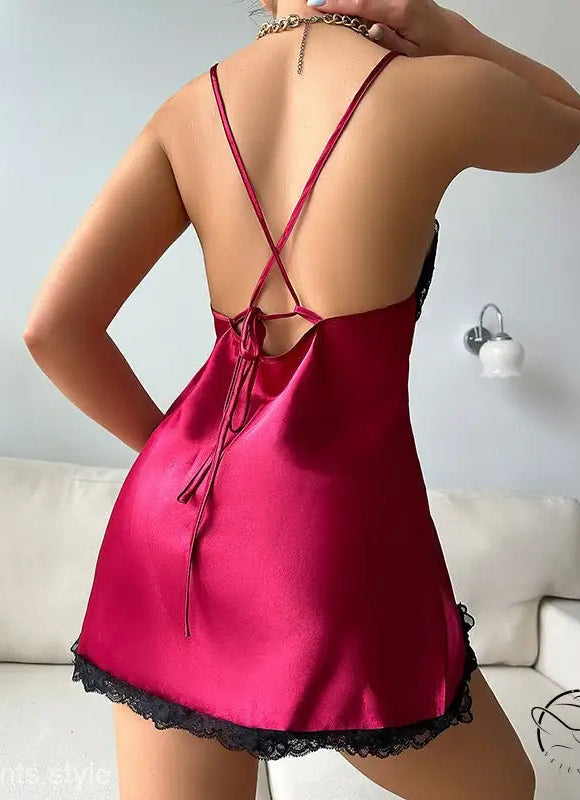 Sexy Vetements pajamas sleeveless red satin nightgown with black lace trim