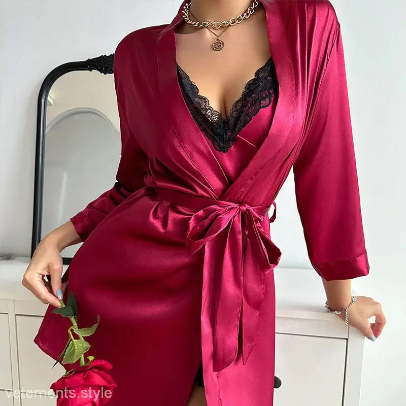 Vibrant fuchsia silk robe with black lace trim and waist tie from sexy Vetements pajamas collection