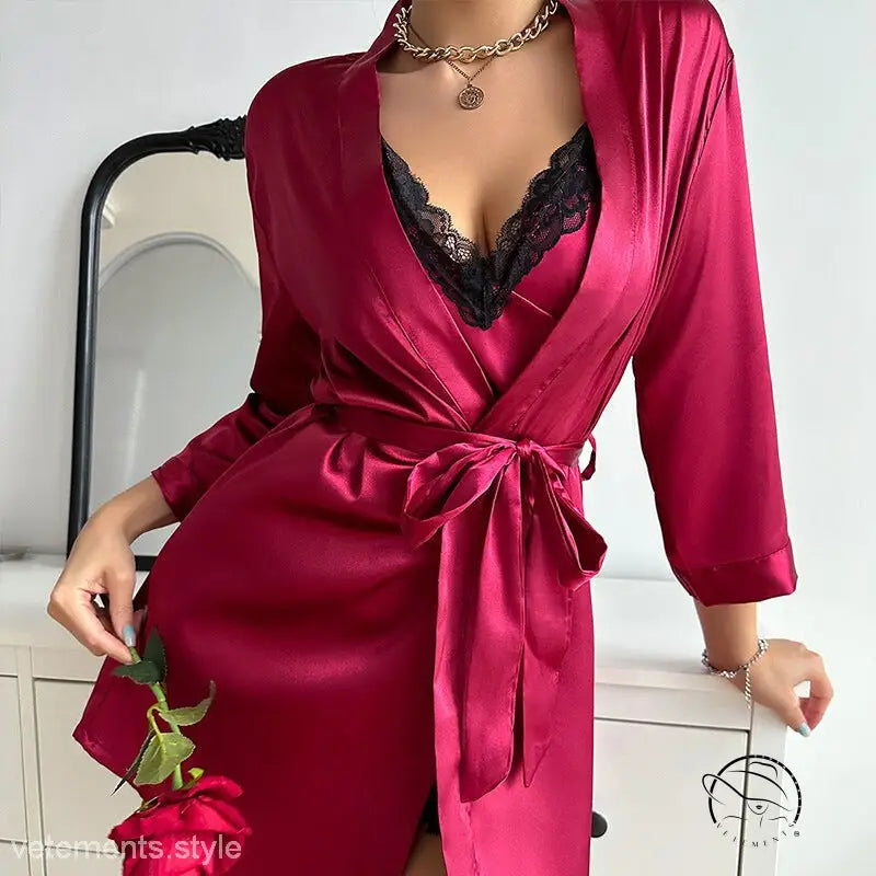 Sexy Vetements pajamas: vibrant fuchsia silk robe with black lace trim