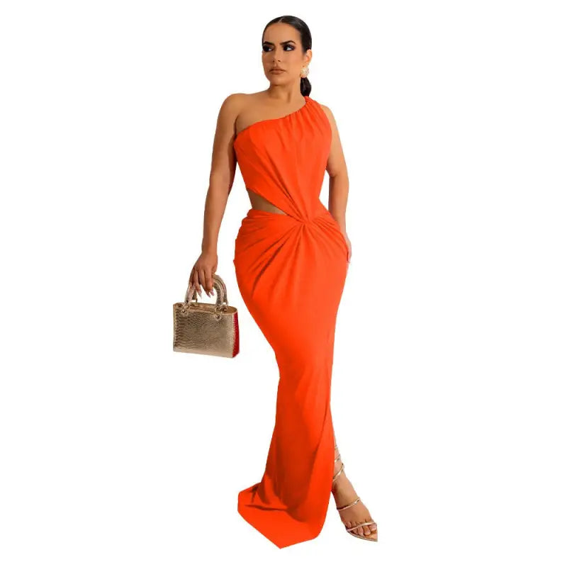 Woman in orange one-shoulder dress highlighting sexy waist, with free shipping available
