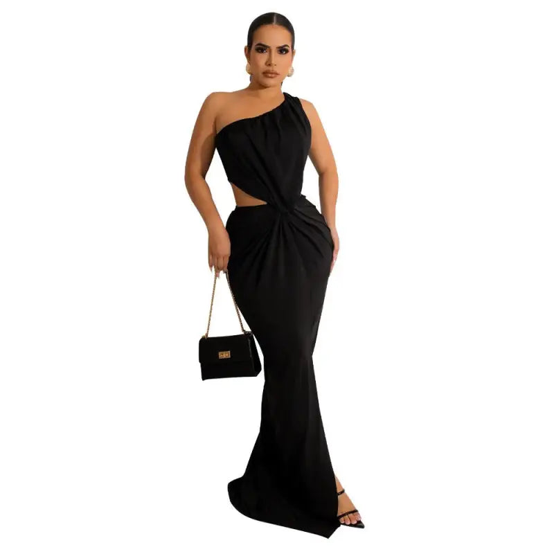 Black one-shoulder maxi dress with sexy waist cutout and free shipping available