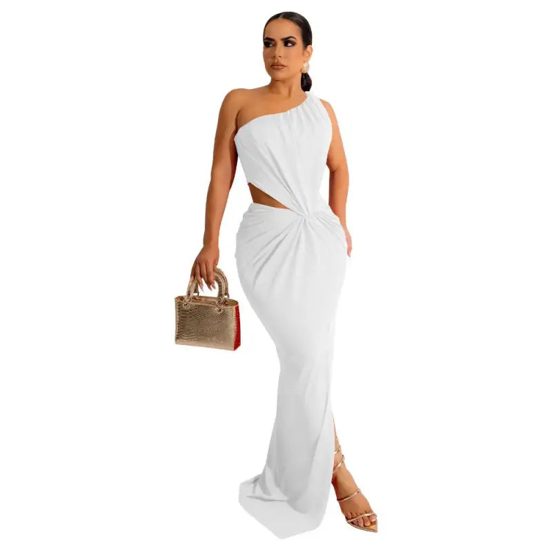 Elegant white one-shoulder maxi dress with sexy waist cutout and free shipping offer