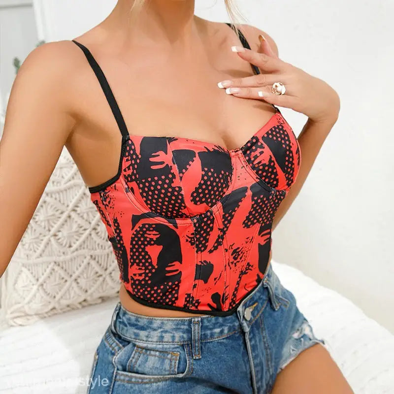 Red and black abstract print waist trimming corset top with slim fit and V-neck design
