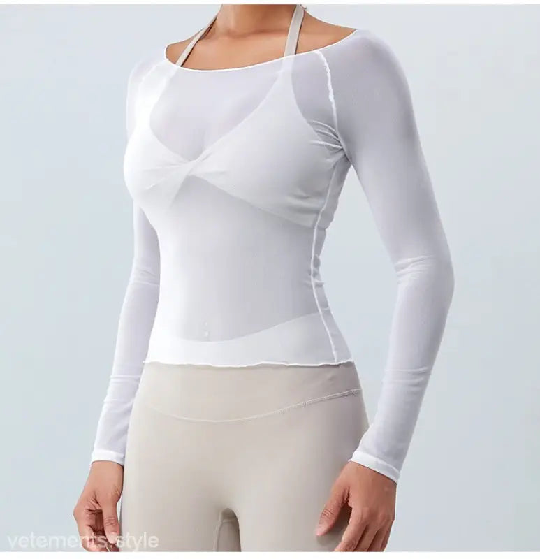 White long-sleeved fitted sexy yoga blouse with scoop neckline in coral red and light blue