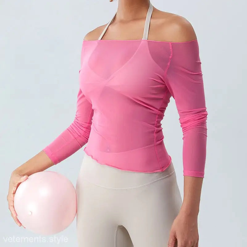 Pink off-shoulder sexy yoga blouse in coral red and light blue with long sleeves