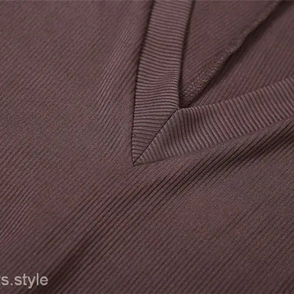 Sexy yoga long jumpsuit with brown ribbed v-neck and elastic hem