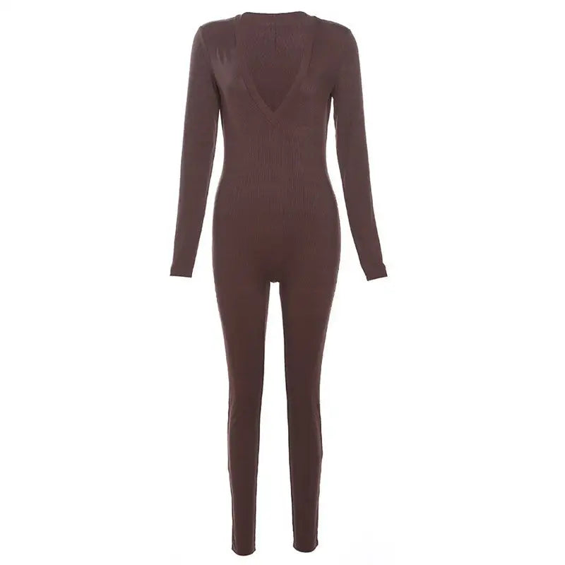 Sexy yoga long jumpsuit in brown full-body leotard with long sleeves