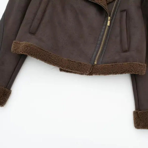 Brown leather jacket with fur trim and diagonal zipper, ideal for fleece short stitching coats
