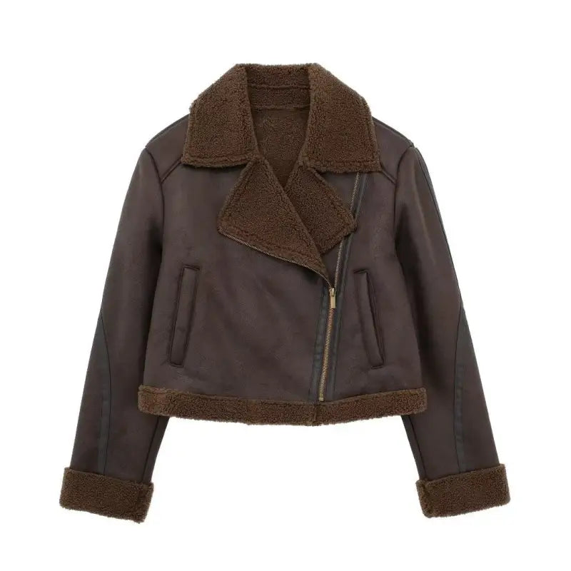 Brown leather jacket with shearling collar featuring fleece short stitching and zipper closure