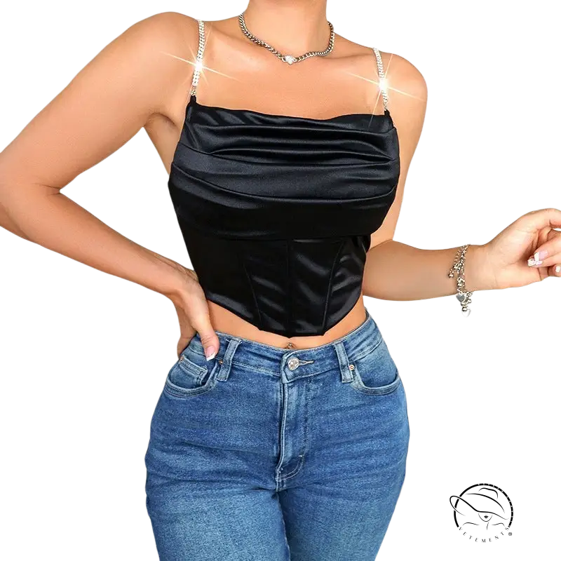 Shiny black boning crop top with rhinestone straps and cowl neckline