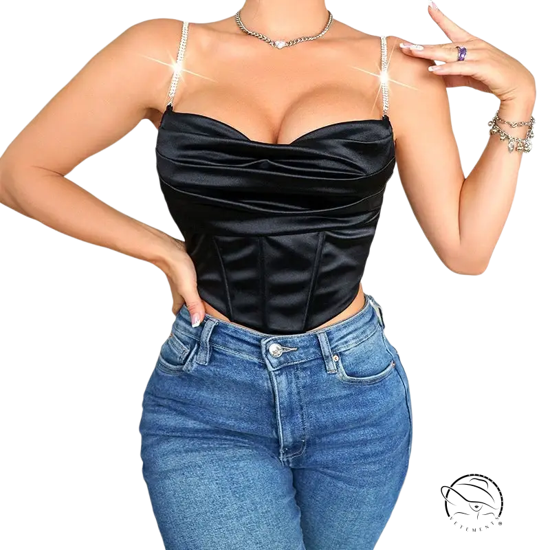 Shiny black boning corset top with rhinestone straps and jeans