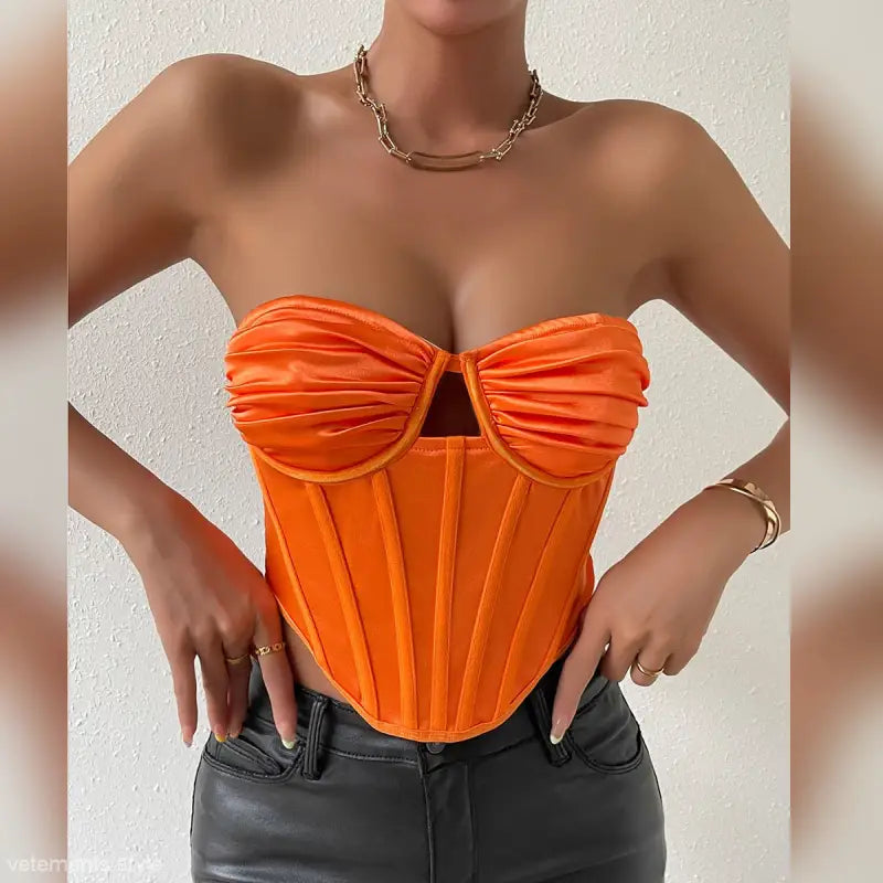 Shiny orange corset with sweetheart neckline, cutout detail, elastic slim boning vest