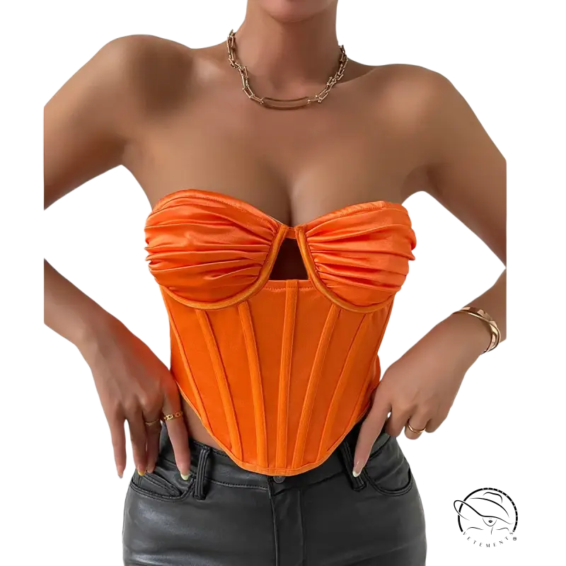 Shiny orange corset with elastic slim boning and sweetheart cutout