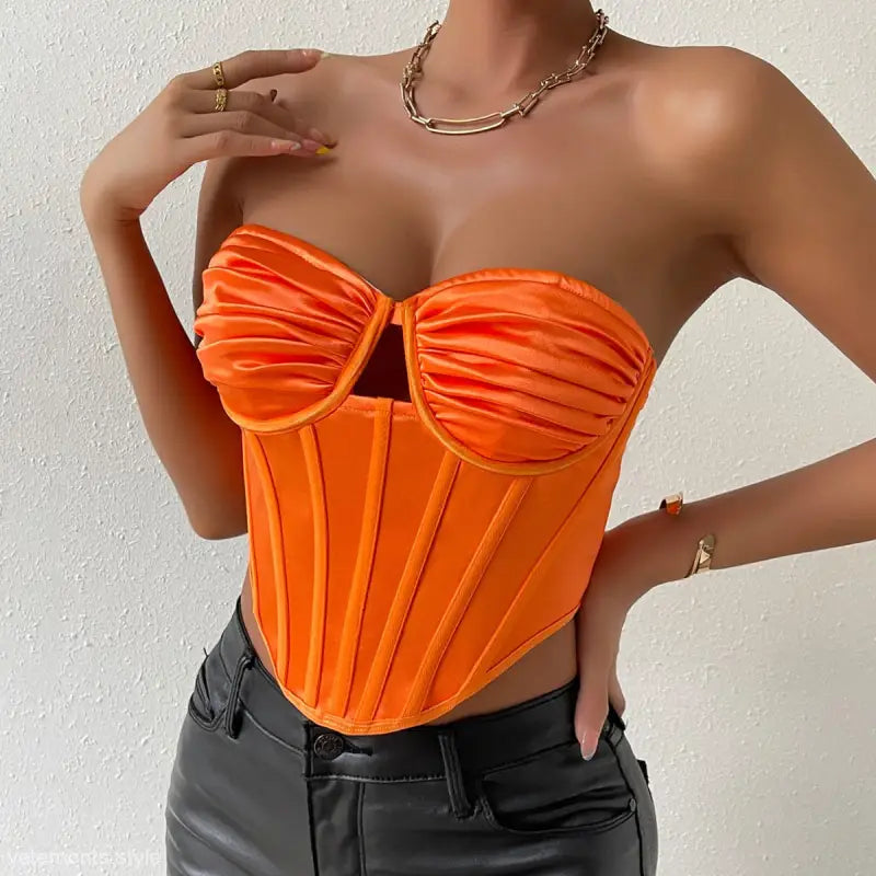 Shiny orange corset with sweetheart neckline and ruched cups, elastic slim boning vest top