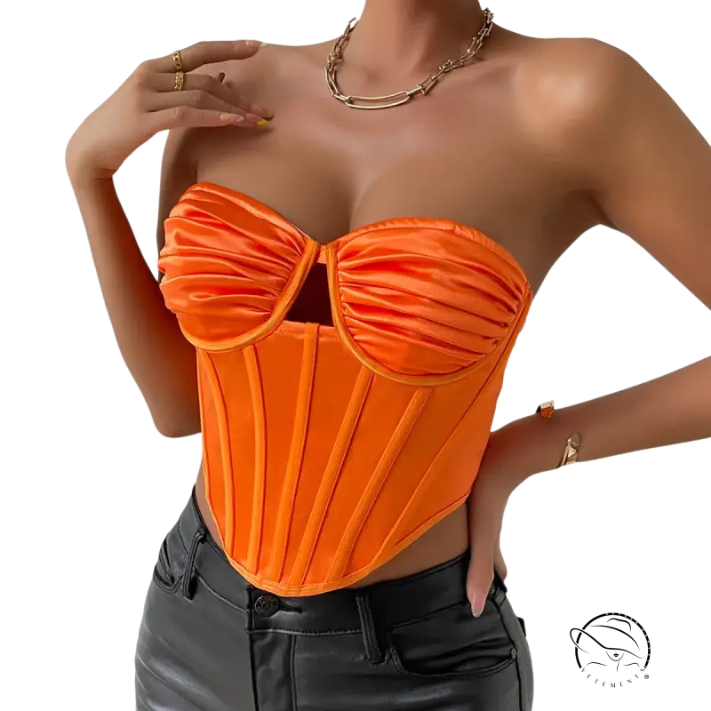Shiny orange corset with elastic slim boning, strapless sweetheart neckline