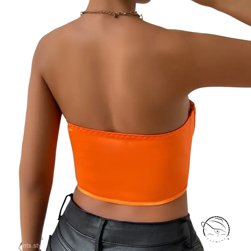 Shiny orange corset bandeau top with gold chain necklace