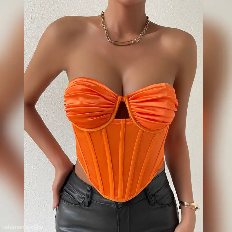 Shiny orange corset with elastic slim sexy boning corset vest and sweetheart neckline