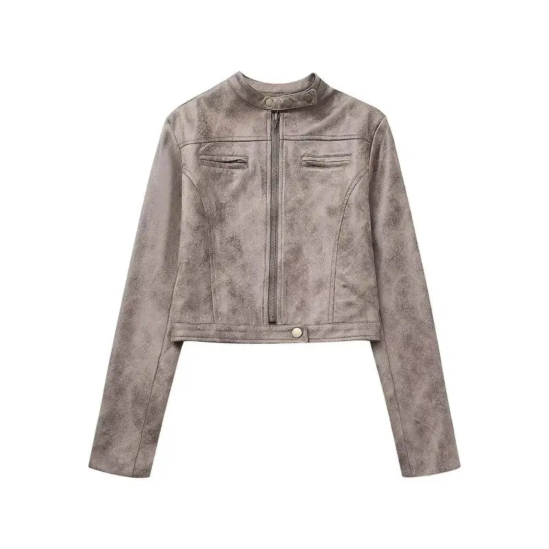 Gray cropped short suede stand jacket with pocket and zipper closure