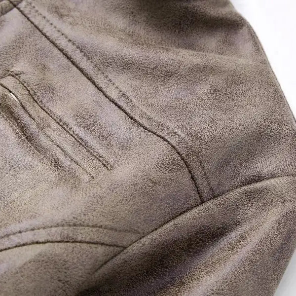 Distressed brown Short Suede Stand Jacket with Pocket and Zipper Closure