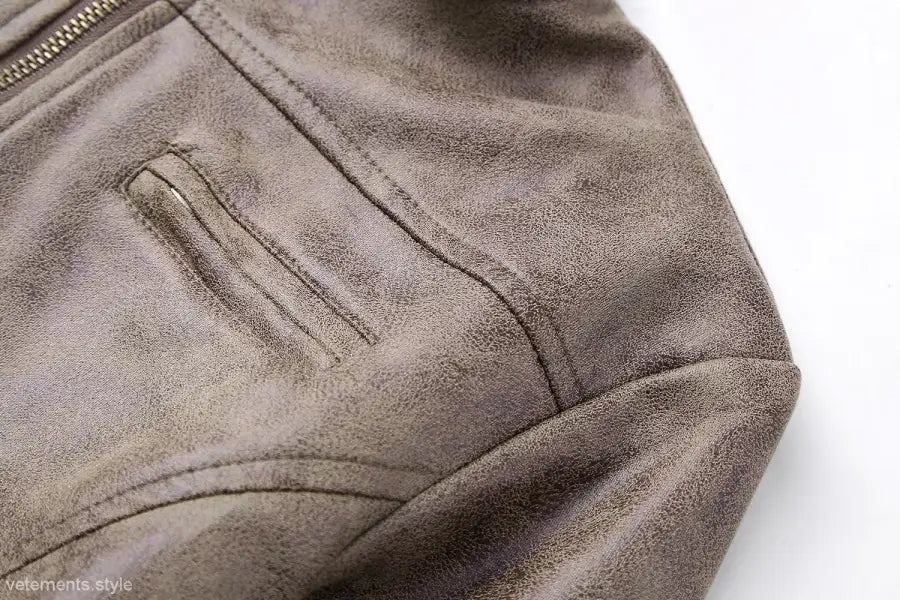 Distressed brown Short Suede Stand Jacket with Pocket and Zipper Closure