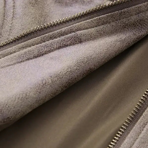 Gray suede stand jacket with zipper closure, short suede stand style, stylish and modern