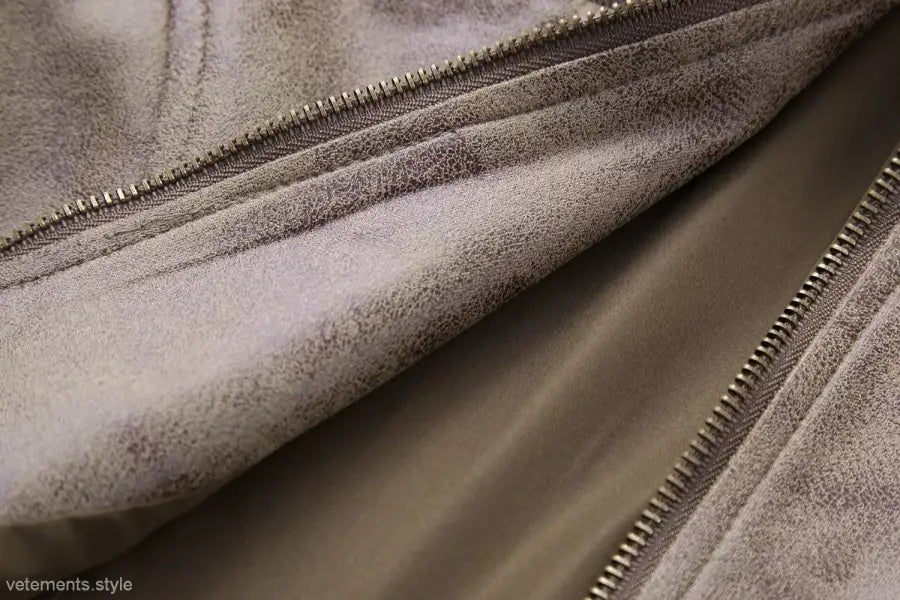 Gray suede stand jacket with zipper closure, short suede stand style, stylish and modern