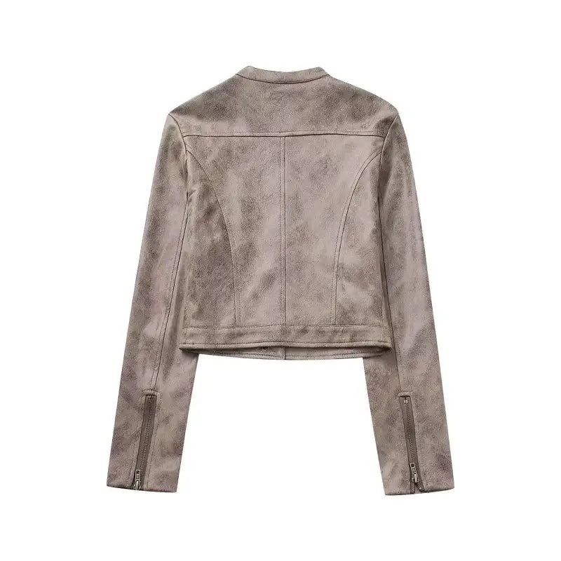 Taupe faux suede jacket with stand collar, pocket, and zipper closure in short suede stand style