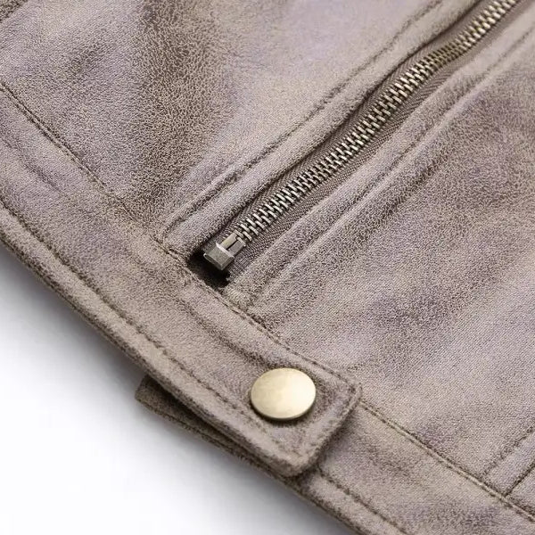 Gray suede jacket detail of Short Suede Stand Jacket with Pocket and Zipper Closure