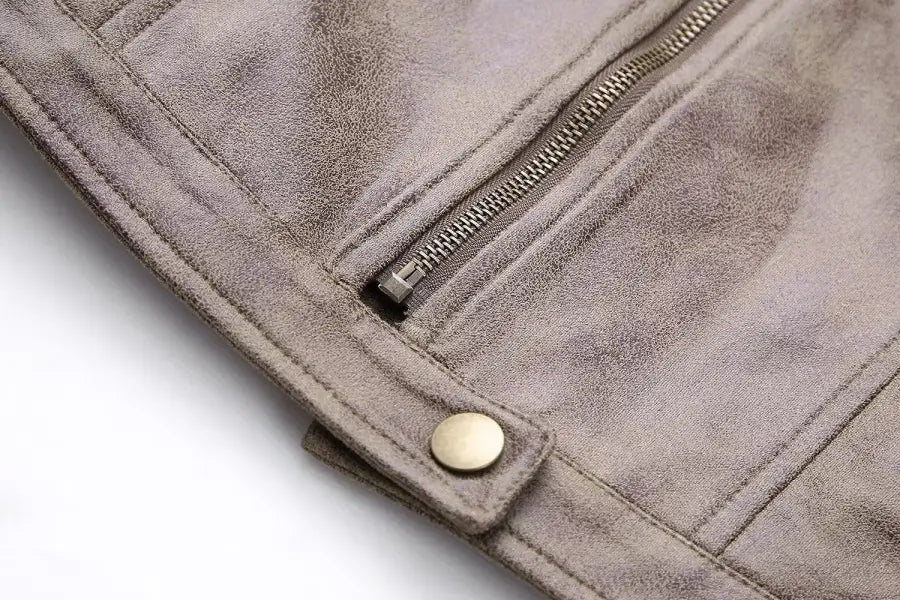 Gray suede jacket detail of Short Suede Stand Jacket with Pocket and Zipper Closure