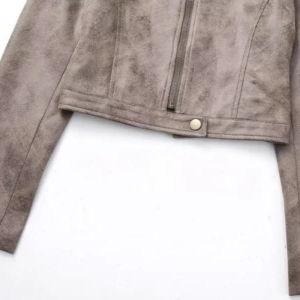 Gray cropped short suede stand jacket with pocket and zipper closure