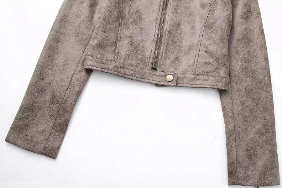 Gray cropped short suede stand jacket with pocket and zipper closure