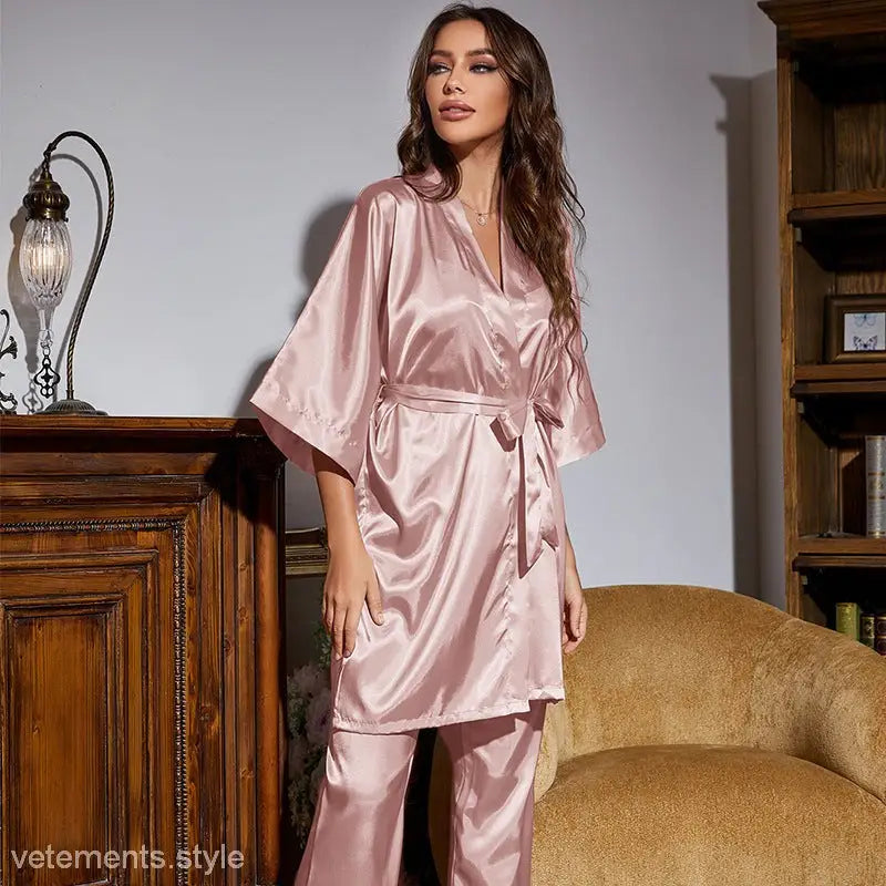Pink satin silk home wear lounge set with long sleeve top and matching pants