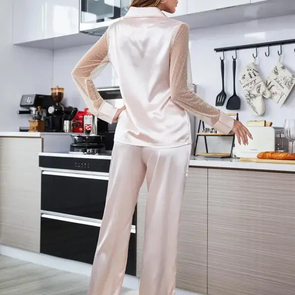 Silk mesh pajamas set with long sleeved solid color pants and sheer sleeves