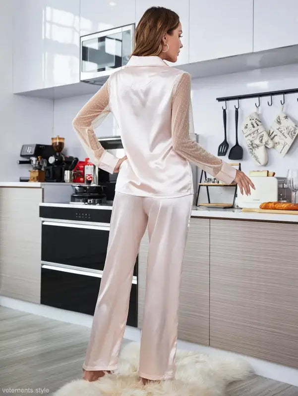 Silk mesh pajamas set with long sleeved solid color pants and sheer sleeves