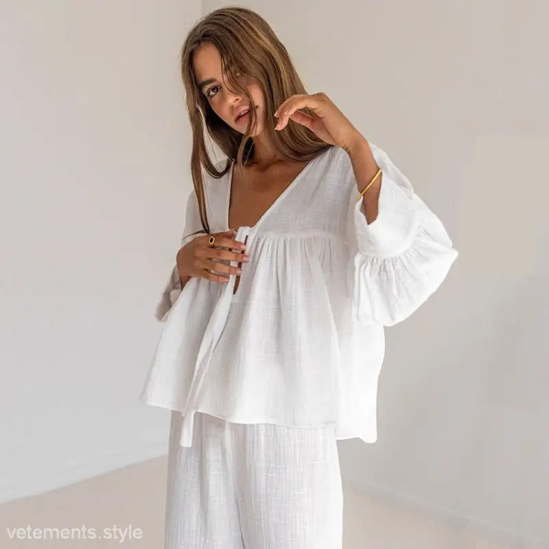 White linen pajama set from Simplicity Natural Comfortable Pajamas collection, ideal for sleep