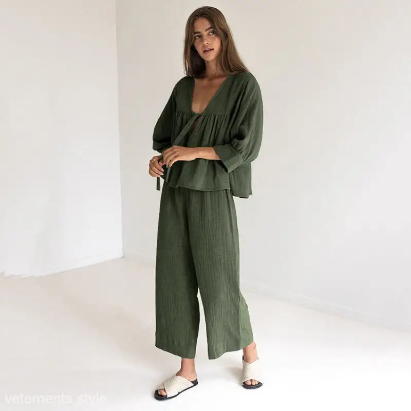 Olive green two-piece Simplicity Natural Comfortable Pajamas with tie sleeve top and pants