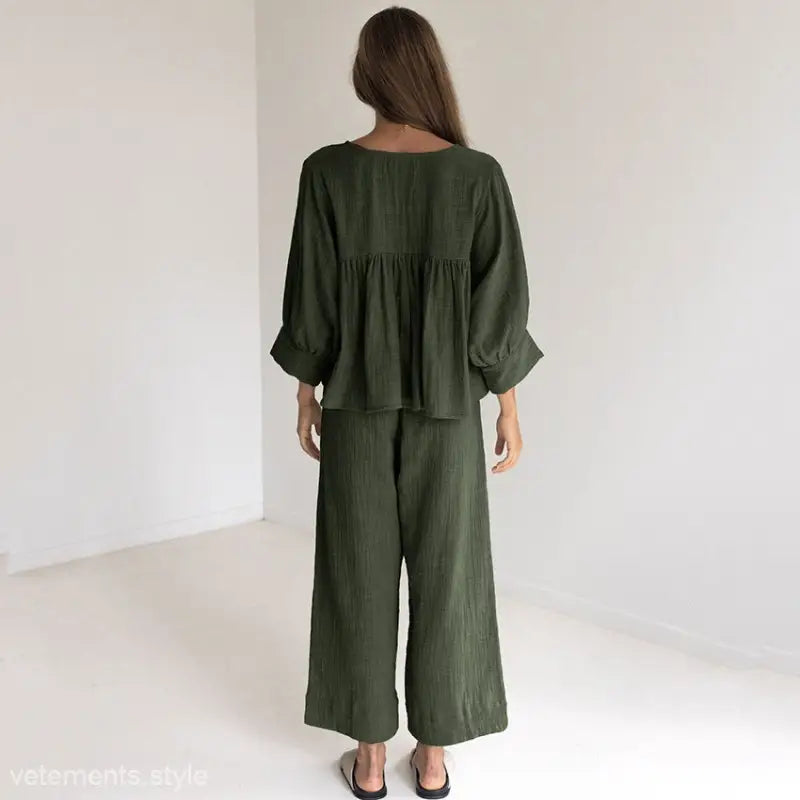 Olive Green Linen Pajama Set from Simplicity Natural Comfortable Pajamas Collection