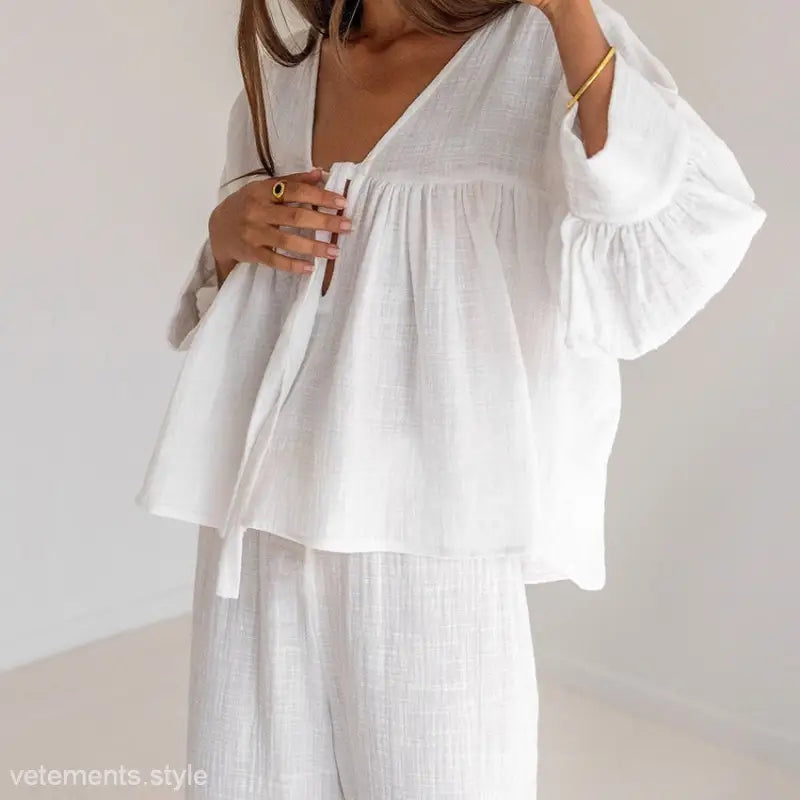 White linen two-piece set from Simplicity Natural Comfortable Pajamas collection