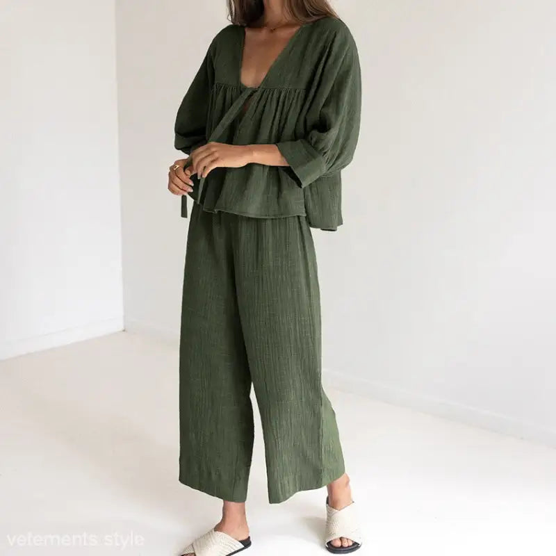 Olive green two-piece outfit from Simplicity Natural Comfortable Pajamas collection