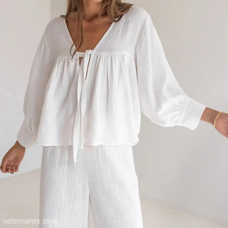 White linen blouse and pants set from Simplicity Natural Comfortable Pajamas collection