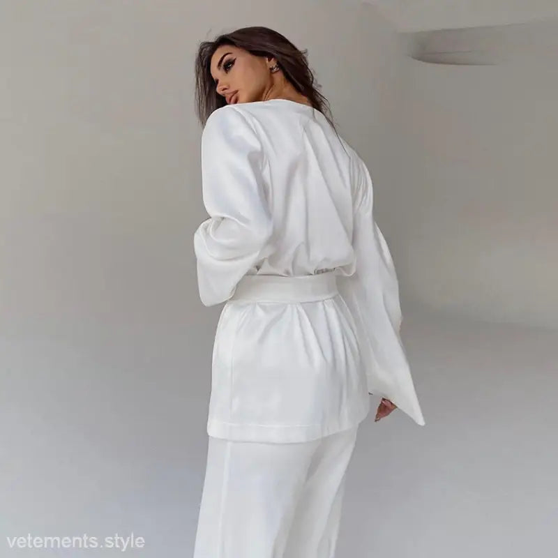 White oversized blazer and matching pants in a side pose showcasing Skin Friendly Cardigan Pajamas