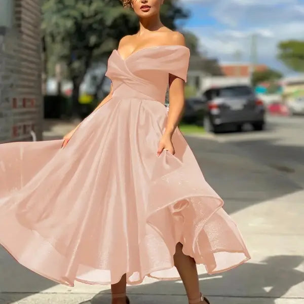Elegant off-shoulder blush pink Vetements slim dress with flowing skirt, free shipping available