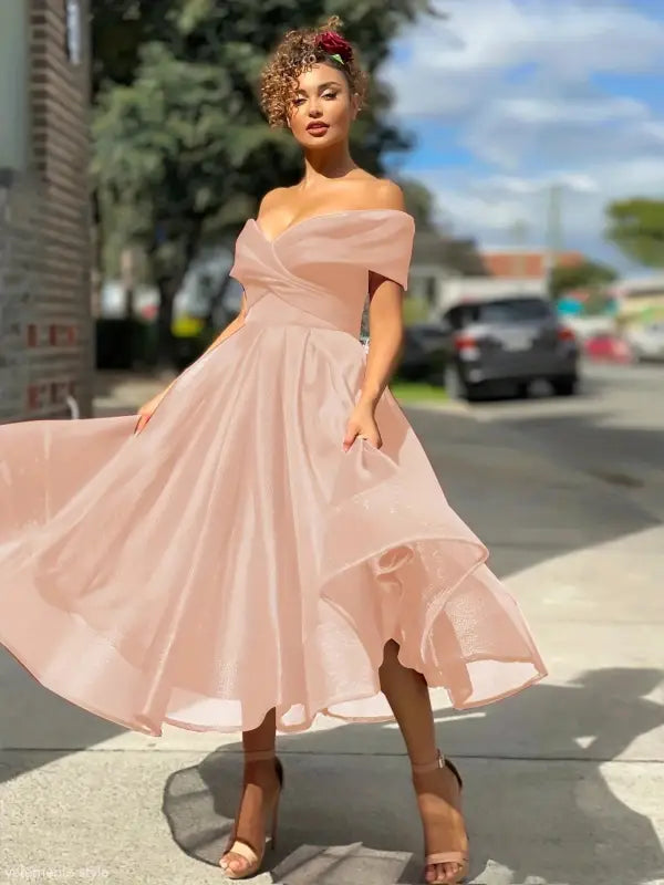 Elegant off-shoulder blush pink Vetements slim dress with flowing skirt, free shipping available