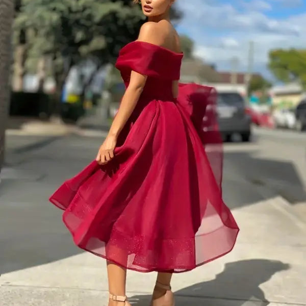 Elegant off-shoulder burgundy Vetements dress with flowing skirt, slim dress, free shipping option