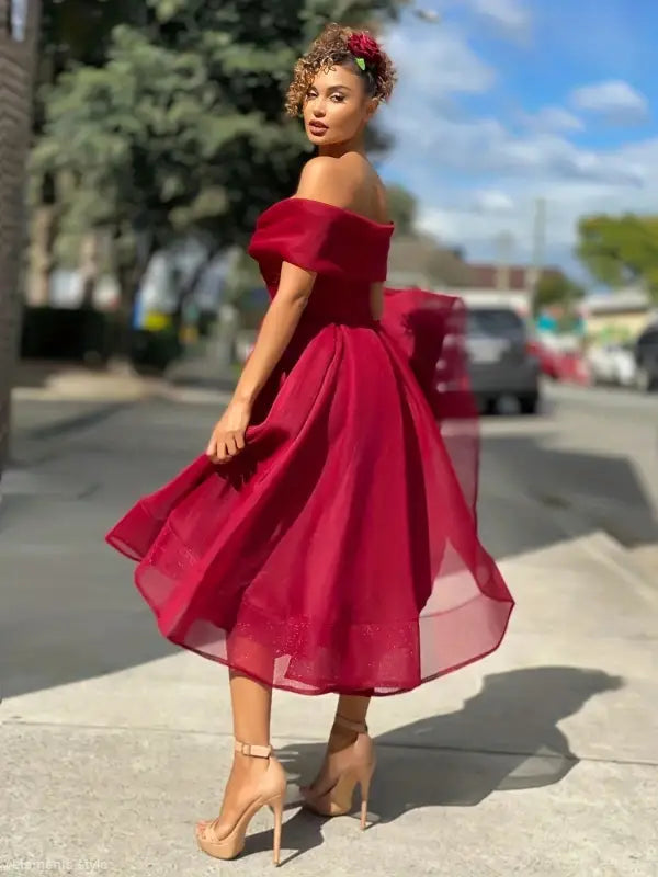 Elegant off-shoulder burgundy Vetements dress with flowing skirt, slim dress, free shipping option