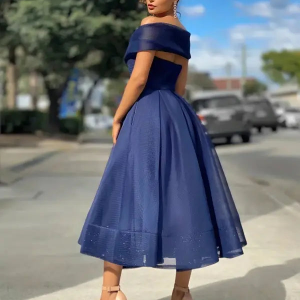 Elegant navy blue Vetements dress, slim off-shoulder midi with full skirt, free shipping